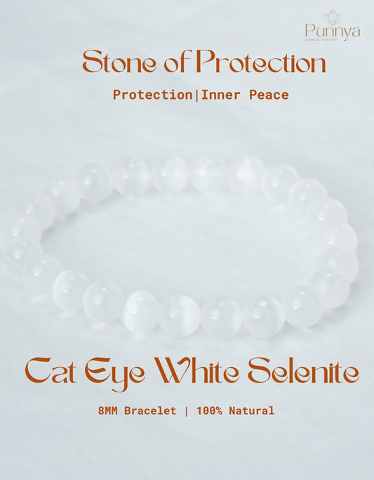 Natural Cat Eye White Selenite Bracelet-Stone of Protection and Spiritual Clarity
