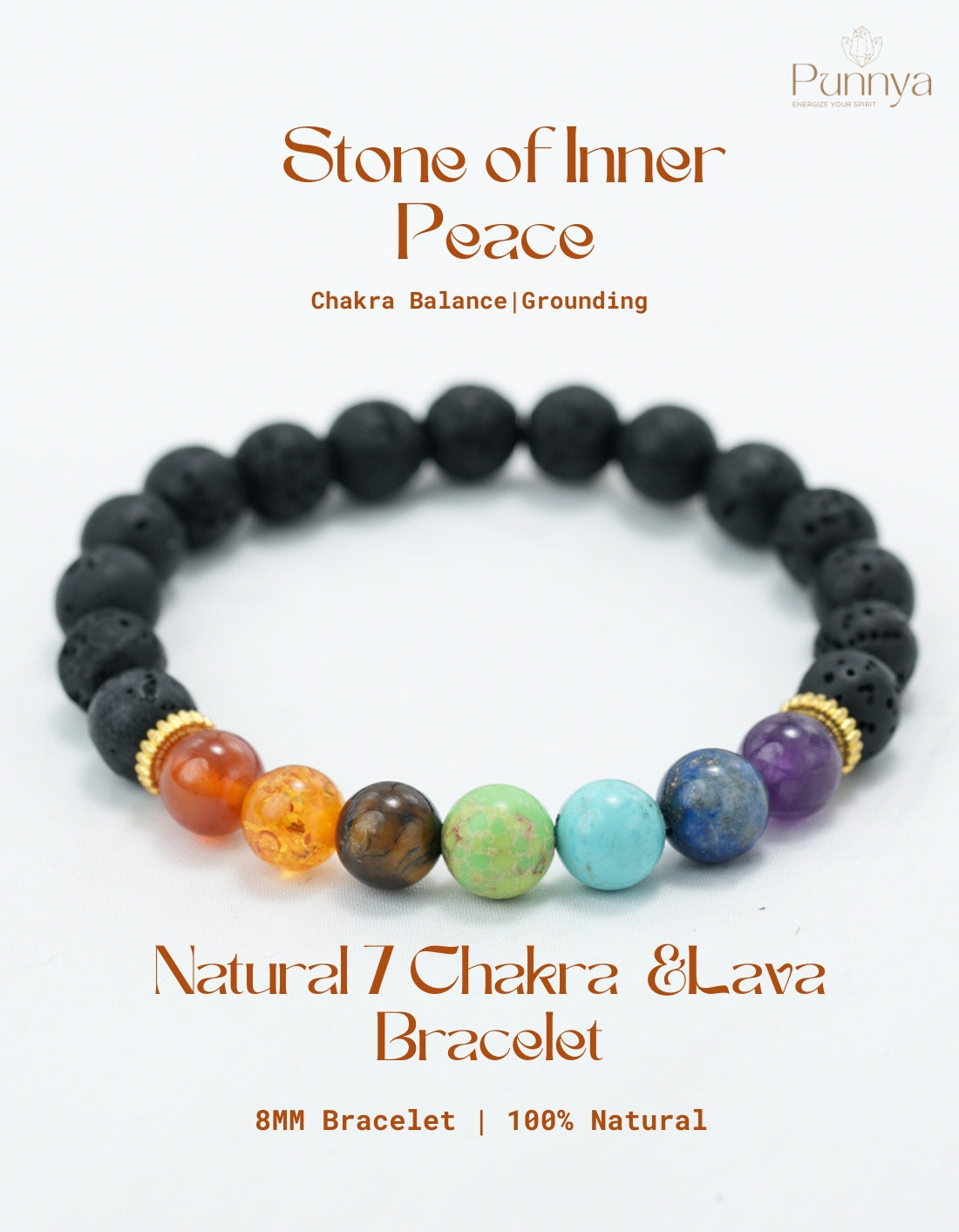 Natural 7 Chakra & Lava Bracelet -Stone of Inner Peace