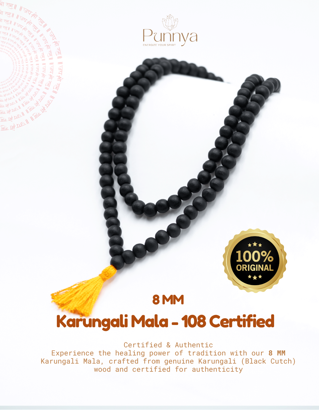 Original Karungali 8MM (Ebony) Wood Mala – 108 Beads for Meditation & Protection