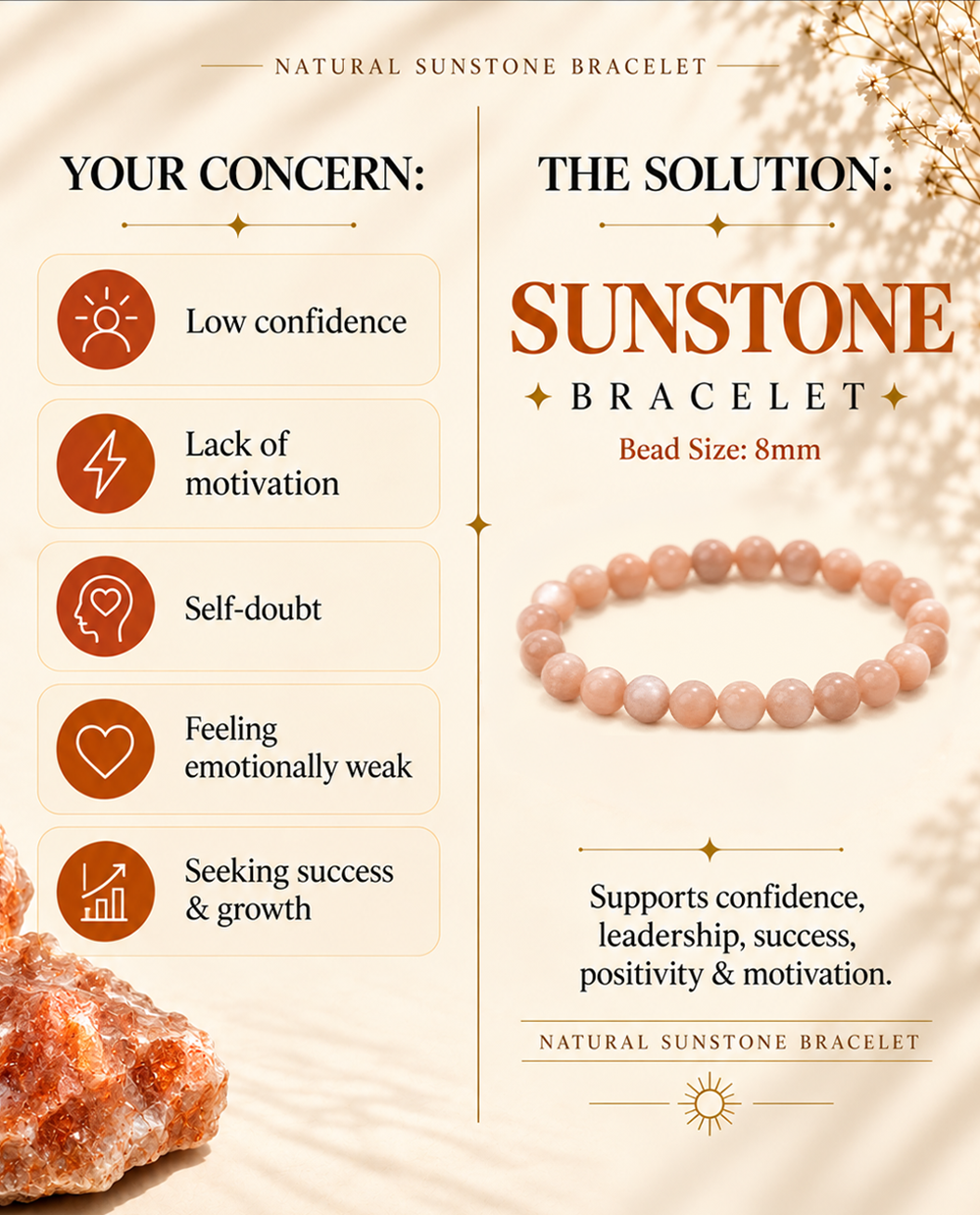 Natural Sunstone Bracelet - Stone of Joy and Leadership